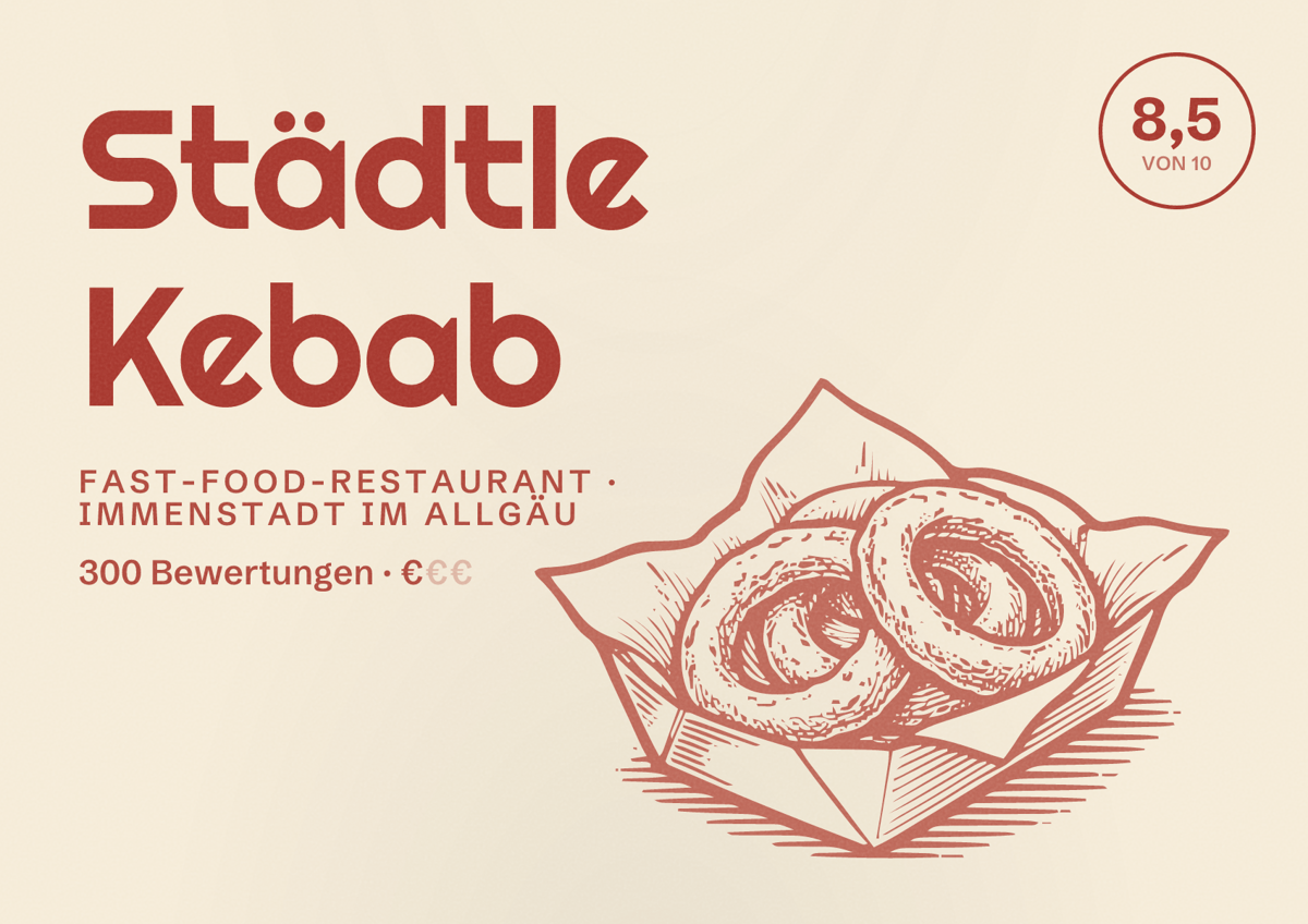Illustriertes Poster von Städtle Kebab, Fast-Food-Restaurant in Immenstadt im Allgäu: Bewertung 8,5 von 10 aus 300 Bewertungen, Preisniveau €