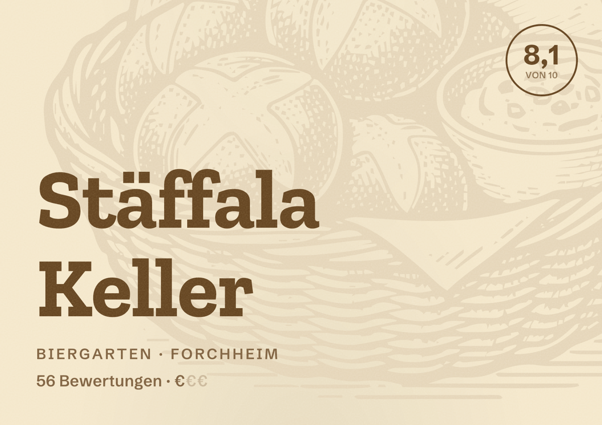Illustriertes Poster von Stäffala Keller, Biergarten in Forchheim: Bewertung 8,1 von 10 aus 56 Bewertungen, Preisniveau €