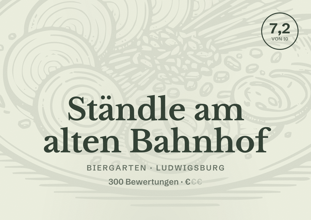 Illustriertes Poster von Ständle am alten Bahnhof, Biergarten in Ludwigsburg: Bewertung 7,2 von 10 aus 300 Bewertungen, Preisniveau €