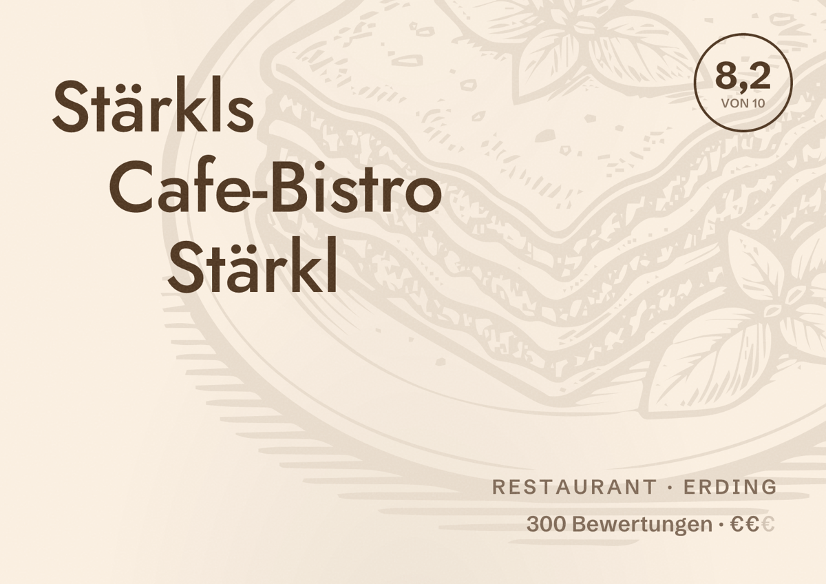 Illustriertes Poster von Stärkls Cafe-Bistro Stärkl, Restaurant in Erding: Bewertung 8,2 von 10 aus 300 Bewertungen, Preisniveau €€