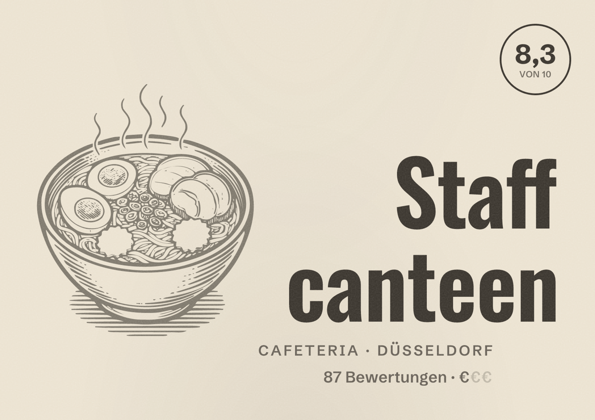 Illustriertes Poster von Staff canteen, Cafeteria in Düsseldorf: Bewertung 8,3 von 10 aus 87 Bewertungen, Preisniveau €