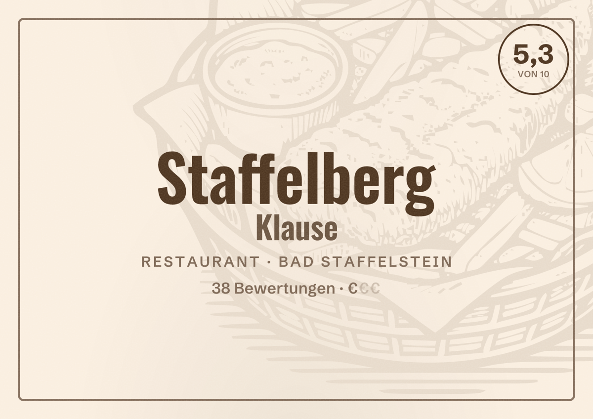 Illustriertes Poster von Staffelberg Klause, Restaurant in Bad Staffelstein: Bewertung 5,3 von 10 aus 38 Bewertungen, Preisniveau €