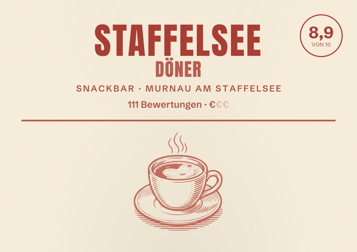 Illustriertes Poster von Staffelsee Döner, Snackbar in Murnau am Staffelsee: Bewertung 8,9 von 10 aus 111 Bewertungen, Preisniveau €