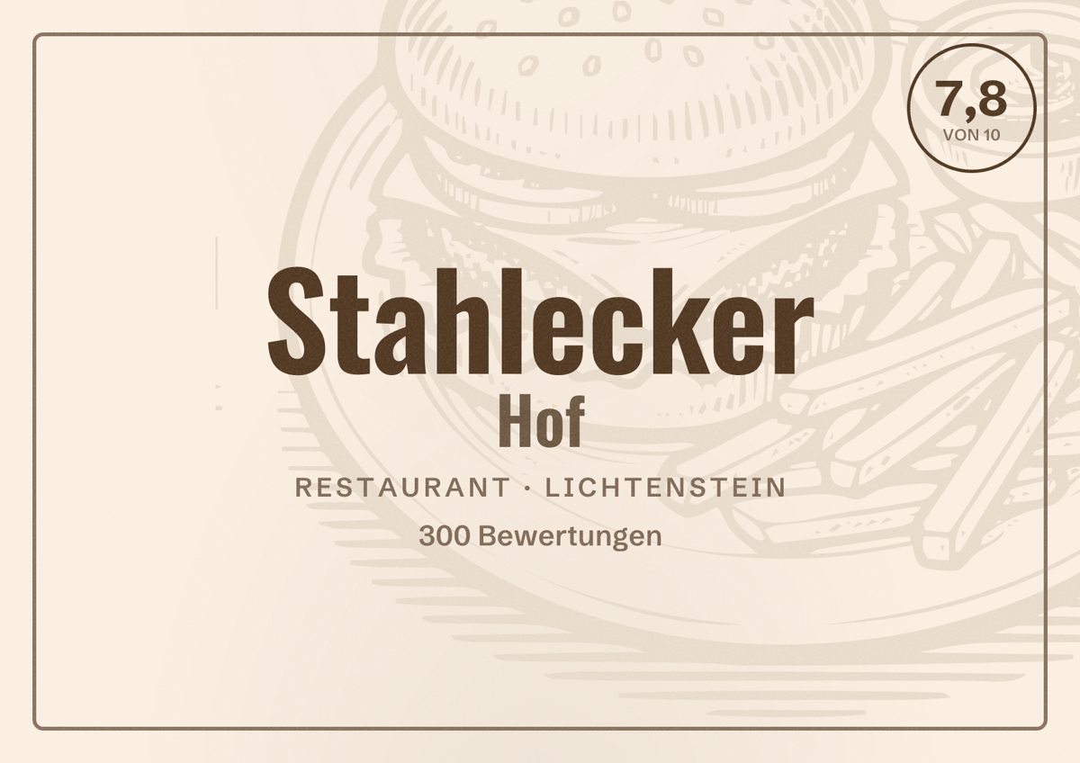 Illustriertes Poster von Stahlecker Hof, Restaurant in Lichtenstein: Bewertung 7,8 von 10 aus 300 Bewertungen