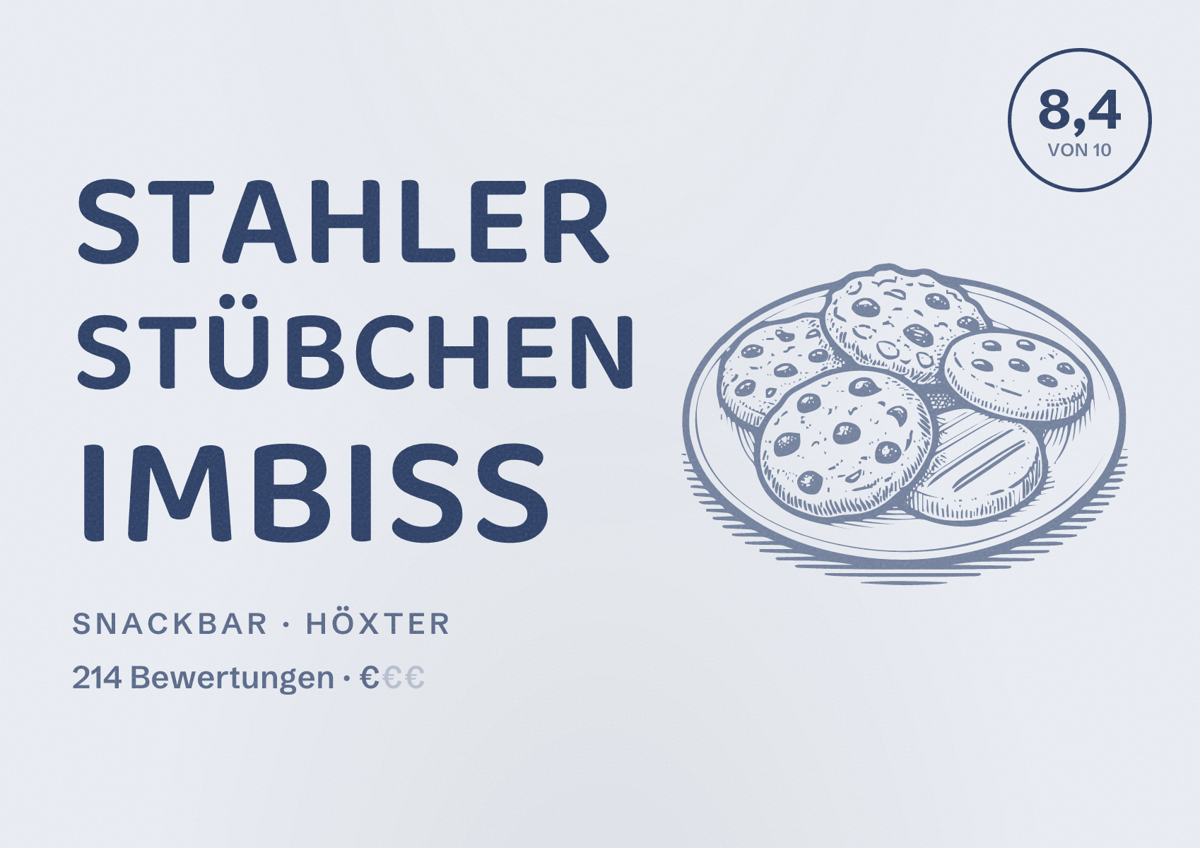 Illustriertes Poster von Stahler Stübchen Imbiss, Snackbar in Höxter: Bewertung 8,4 von 10 aus 214 Bewertungen, Preisniveau €