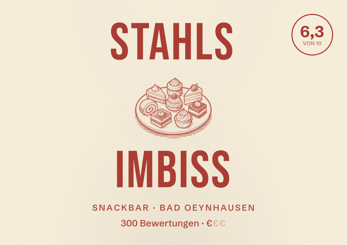 Illustriertes Poster von Stahls Imbiss, Snackbar in Bad Oeynhausen: Bewertung 6,3 von 10 aus 300 Bewertungen, Preisniveau €