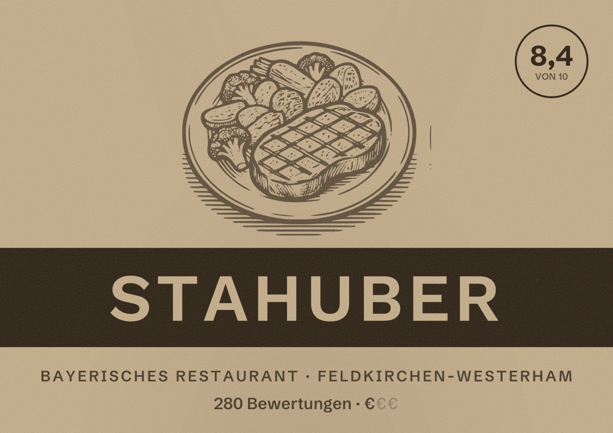 Illustriertes Poster von Stahuber, Bayerisches Restaurant in Feldkirchen-Westerham: Bewertung 8,4 von 10 aus 280 Bewertungen, Preisniveau €