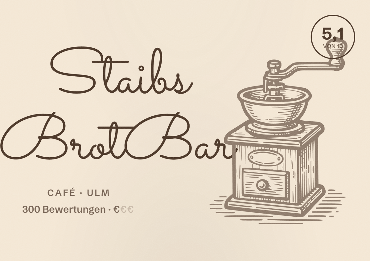 Illustriertes Poster von Staibs BrotBar, Café in Ulm: Bewertung 5,1 von 10 aus 300 Bewertungen, Preisniveau €