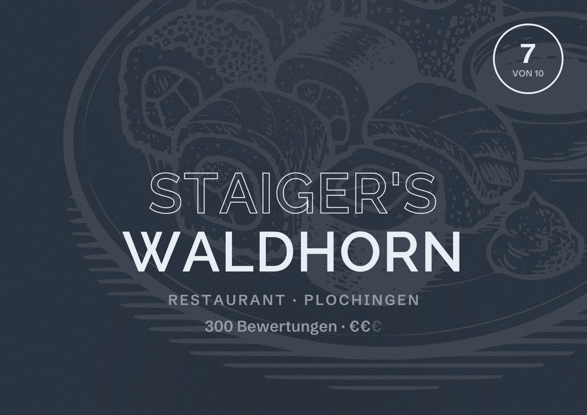 Illustriertes Poster von Staiger's Waldhorn, Restaurant in Plochingen: Bewertung 7 von 10 aus 300 Bewertungen, Preisniveau €€