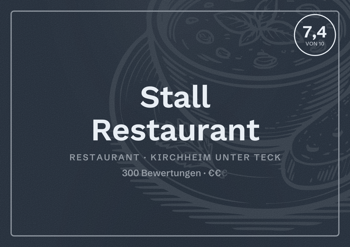 Illustriertes Poster von Stall Restaurant, Restaurant in Kirchheim unter Teck: Bewertung 7,4 von 10 aus 300 Bewertungen, Preisniveau €€