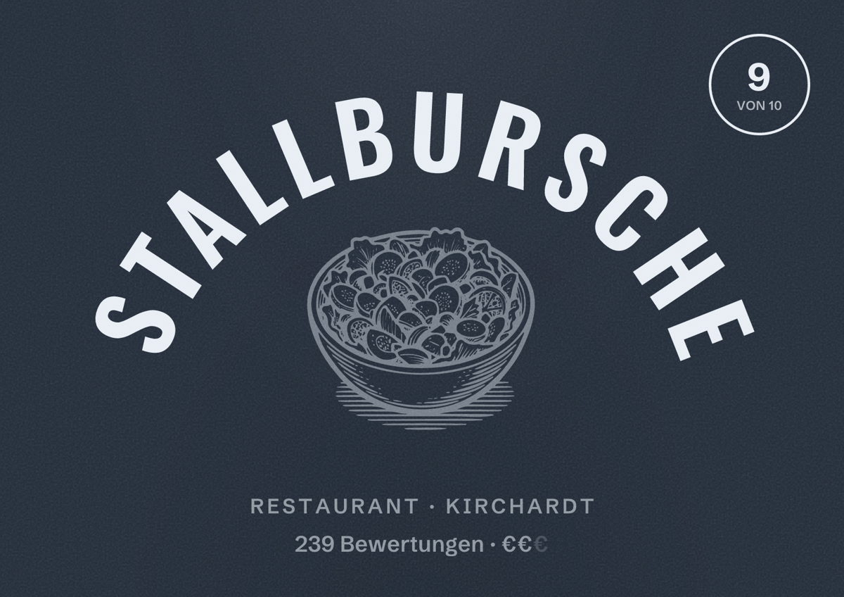 Illustriertes Poster von Stallbursche, Restaurant in Kirchardt: Bewertung 9 von 10 aus 239 Bewertungen, Preisniveau €€