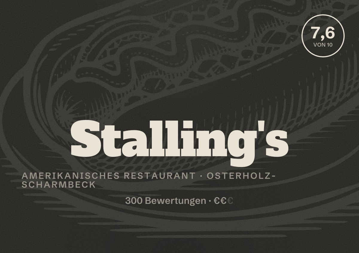 Illustriertes Poster von Stalling's, Amerikanisches Restaurant in Osterholz-Scharmbeck: Bewertung 7,6 von 10 aus 300 Bewertungen, Preisniveau €€