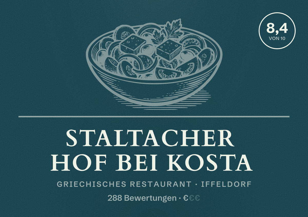 Illustriertes Poster von Staltacher Hof bei Kosta, Griechisches Restaurant in Iffeldorf: Bewertung 8,4 von 10 aus 288 Bewertungen, Preisniveau €
