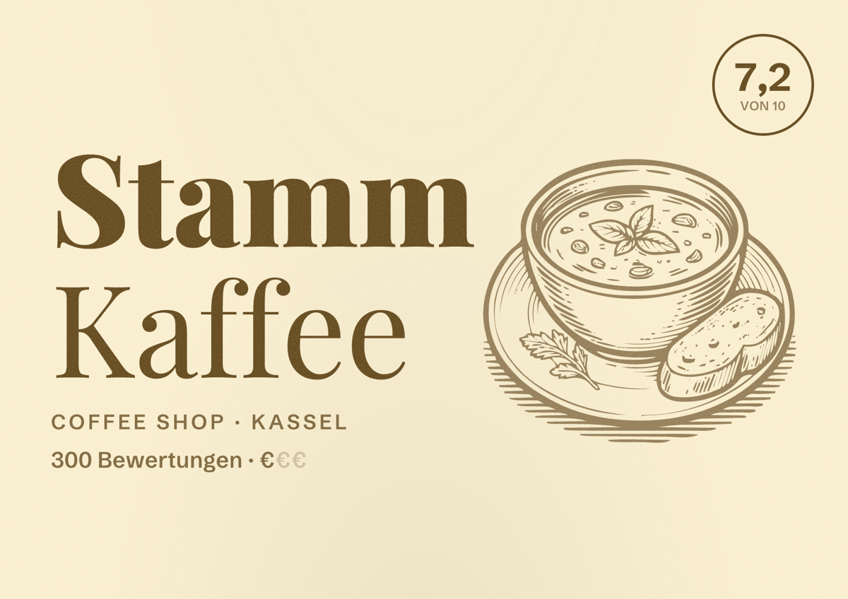 Illustriertes Poster von Stamm Kaffee, Coffee Shop in Kassel: Bewertung 7,2 von 10 aus 300 Bewertungen, Preisniveau €