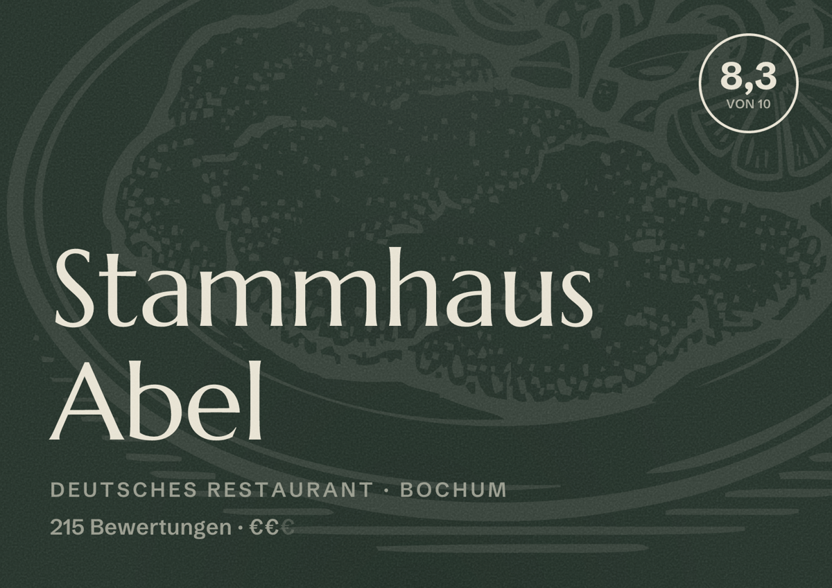 Illustriertes Poster von Stammhaus Abel, Deutsches Restaurant in Bochum: Bewertung 8,3 von 10 aus 215 Bewertungen, Preisniveau €€