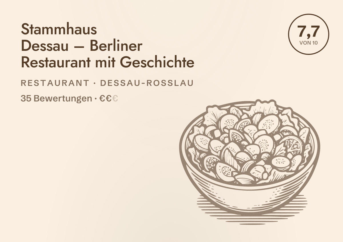 Illustriertes Poster von Stammhaus Dessau – Berliner Restaurant mit Geschichte, Restaurant in Dessau-Roßlau: Bewertung 7,7 von 10 aus 35 Bewertungen, Preisniveau €€