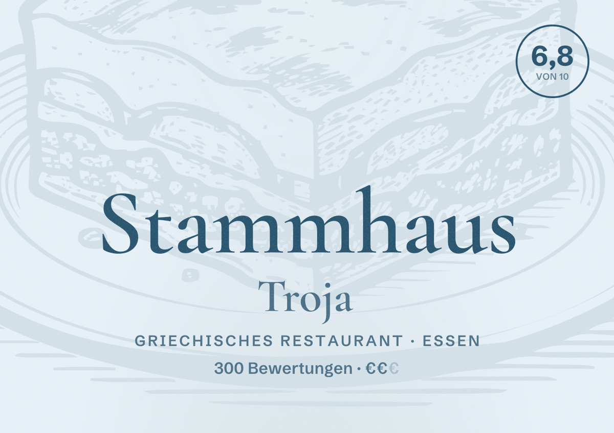 Illustriertes Poster von Stammhaus Troja, Griechisches Restaurant in Essen: Bewertung 6,8 von 10 aus 300 Bewertungen, Preisniveau €€