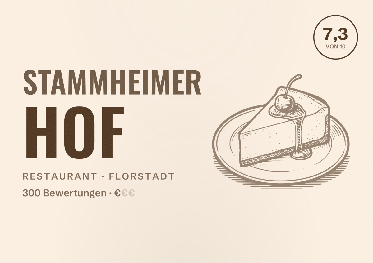 Illustriertes Poster von Stammheimer Hof, Restaurant in Florstadt: Bewertung 7,3 von 10 aus 300 Bewertungen, Preisniveau €