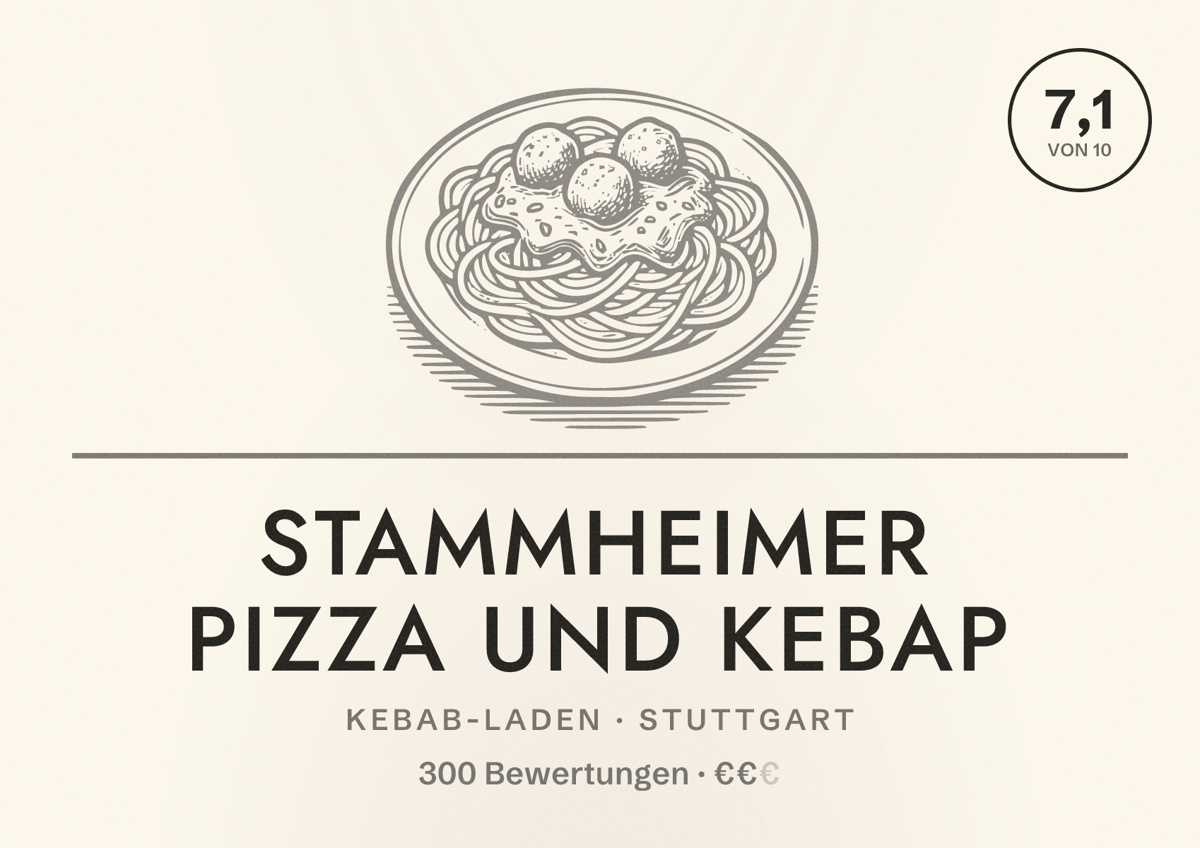 Illustriertes Poster von Stammheimer Pizza und Kebap, Kebab-Laden in Stuttgart: Bewertung 7,1 von 10 aus 300 Bewertungen, Preisniveau €€