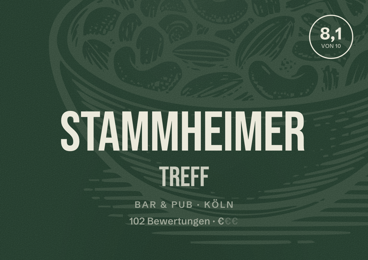 Illustriertes Poster von Stammheimer Treff, Bar & Pub in Köln: Bewertung 8,1 von 10 aus 102 Bewertungen, Preisniveau €