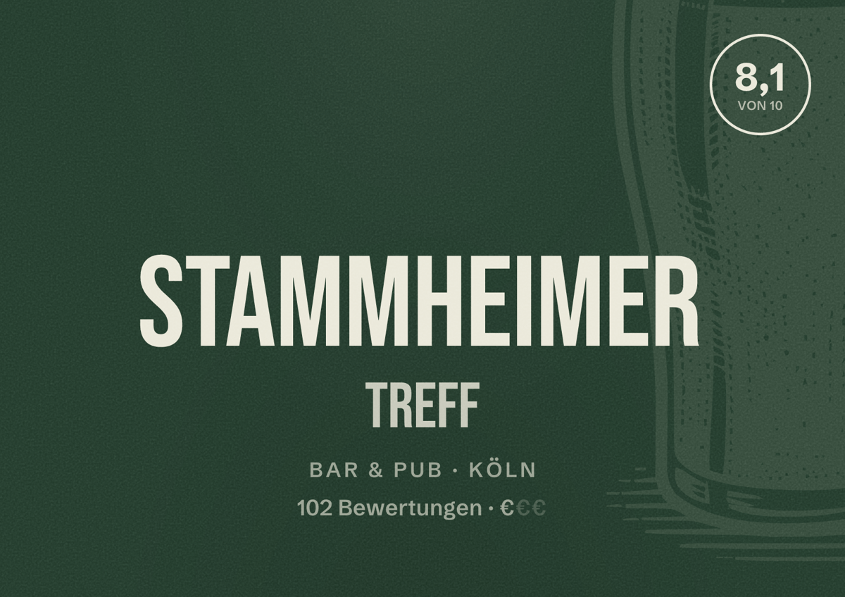 Illustriertes Poster von Stammheimer Treff, Bar & Pub in Köln: Bewertung 8,1 von 10 aus 102 Bewertungen, Preisniveau €