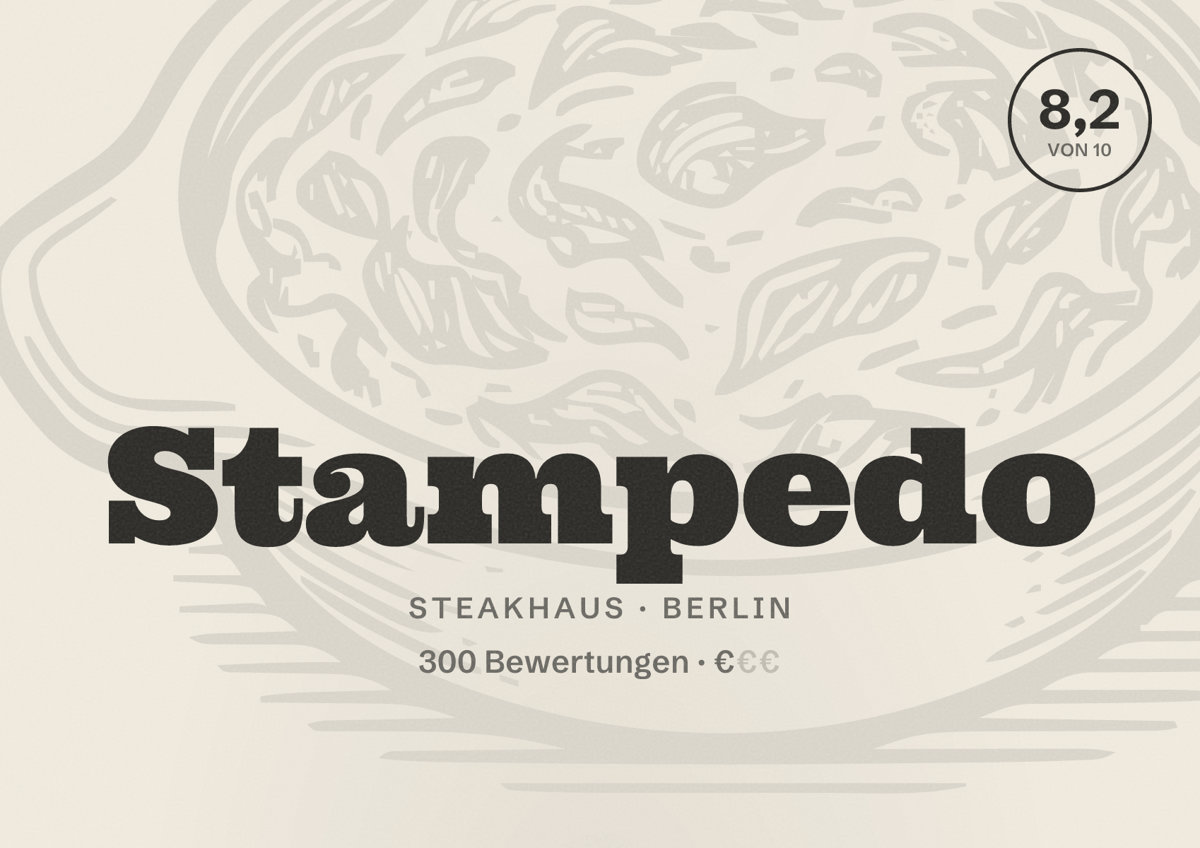 Illustriertes Poster von Stampedo, Steakhaus in Berlin: Bewertung 8,2 von 10 aus 300 Bewertungen, Preisniveau €