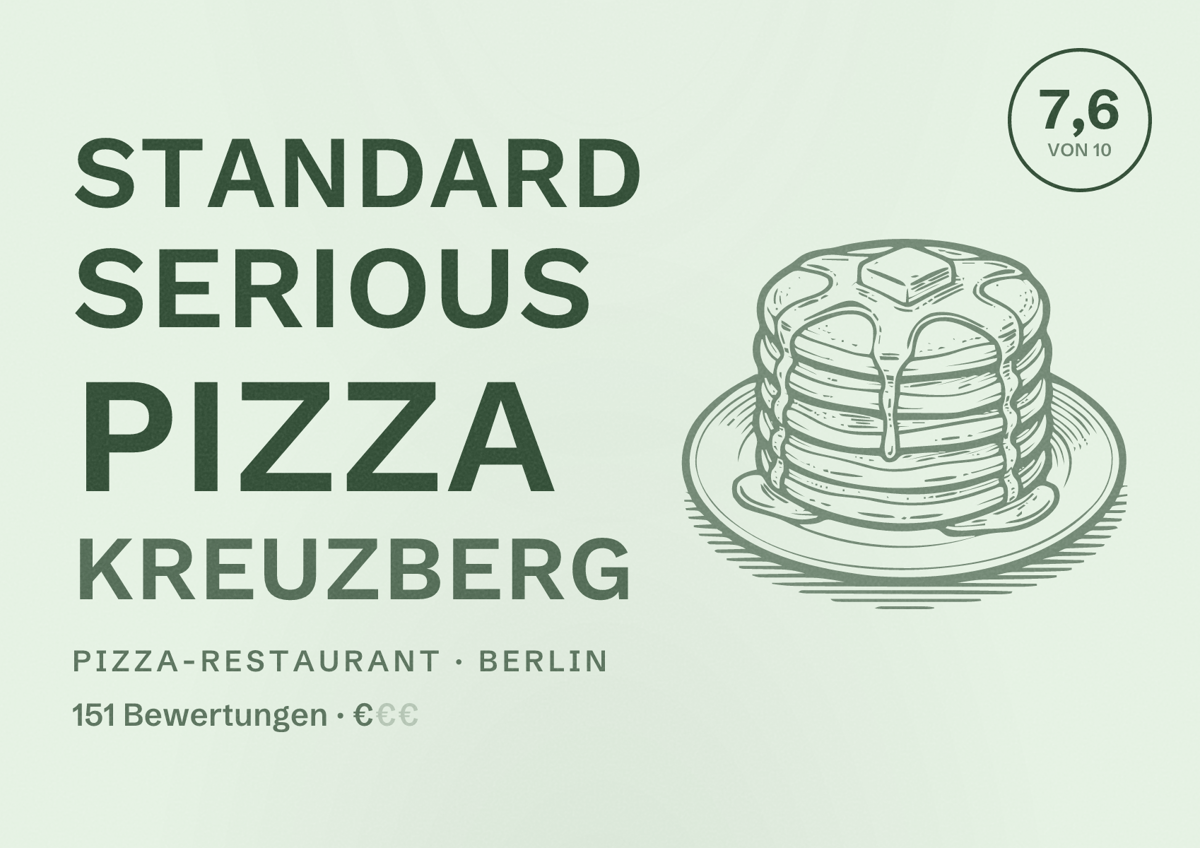 Illustriertes Poster von Standard Serious Pizza Kreuzberg, Pizza-Restaurant in Berlin: Bewertung 7,6 von 10 aus 151 Bewertungen, Preisniveau €