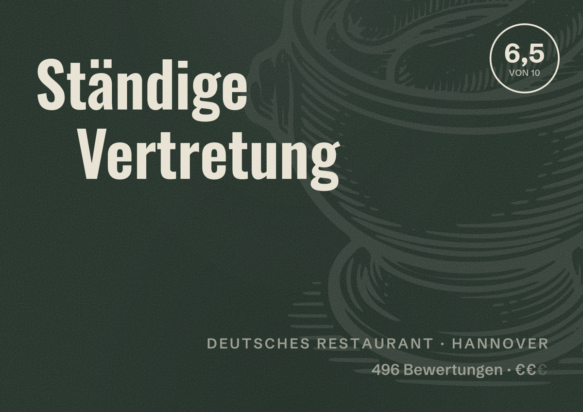 Illustriertes Poster von Ständige Vertretung, Deutsches Restaurant in Hannover: Bewertung 6,5 von 10 aus 496 Bewertungen, Preisniveau €€
