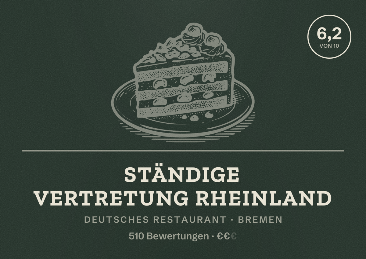 Illustriertes Poster von Ständige Vertretung Rheinland, Deutsches Restaurant in Bremen: Bewertung 6,2 von 10 aus 510 Bewertungen, Preisniveau €€