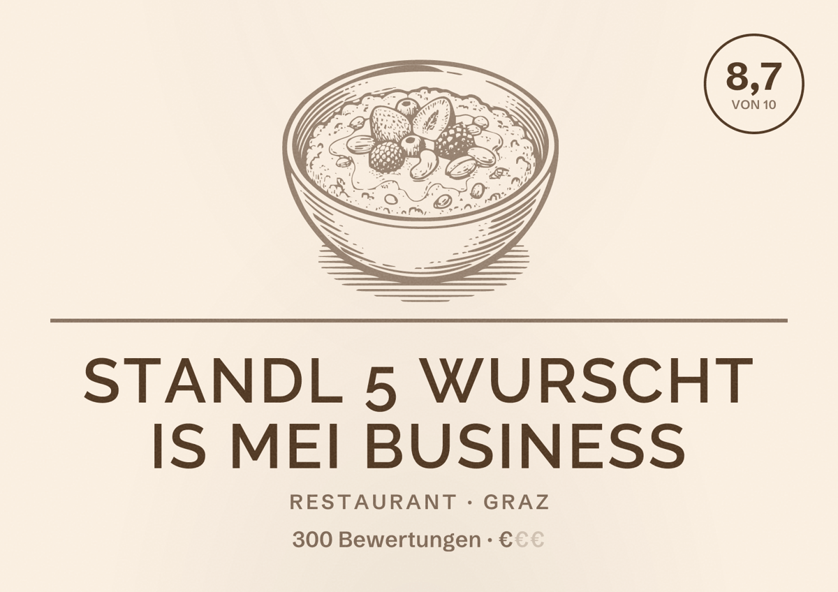 Illustriertes Poster von Standl 5 Wurscht is mei Business, Restaurant in Graz: Bewertung 8,7 von 10 aus 300 Bewertungen, Preisniveau €