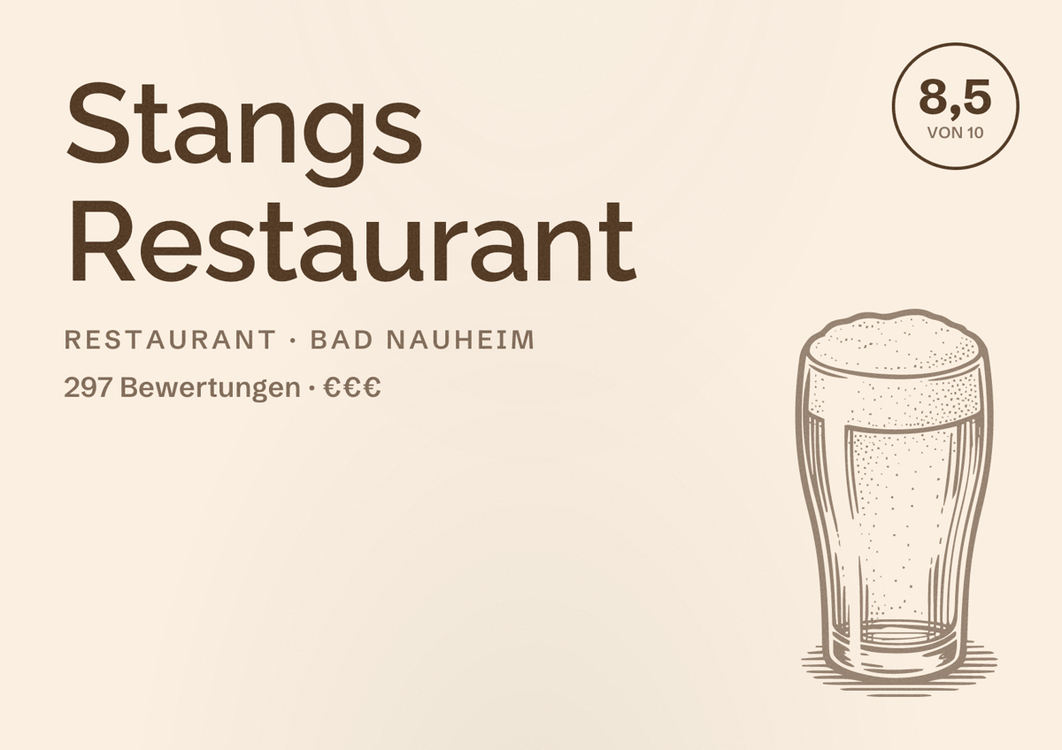 Illustriertes Poster von Stangs Restaurant, Restaurant in Bad Nauheim: Bewertung 8,5 von 10 aus 297 Bewertungen, Preisniveau €€€