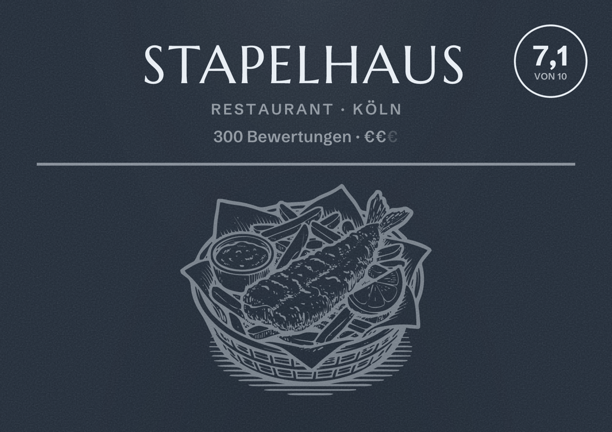 Illustriertes Poster von Stapelhaus, Restaurant in Köln: Bewertung 7,1 von 10 aus 300 Bewertungen, Preisniveau €€
