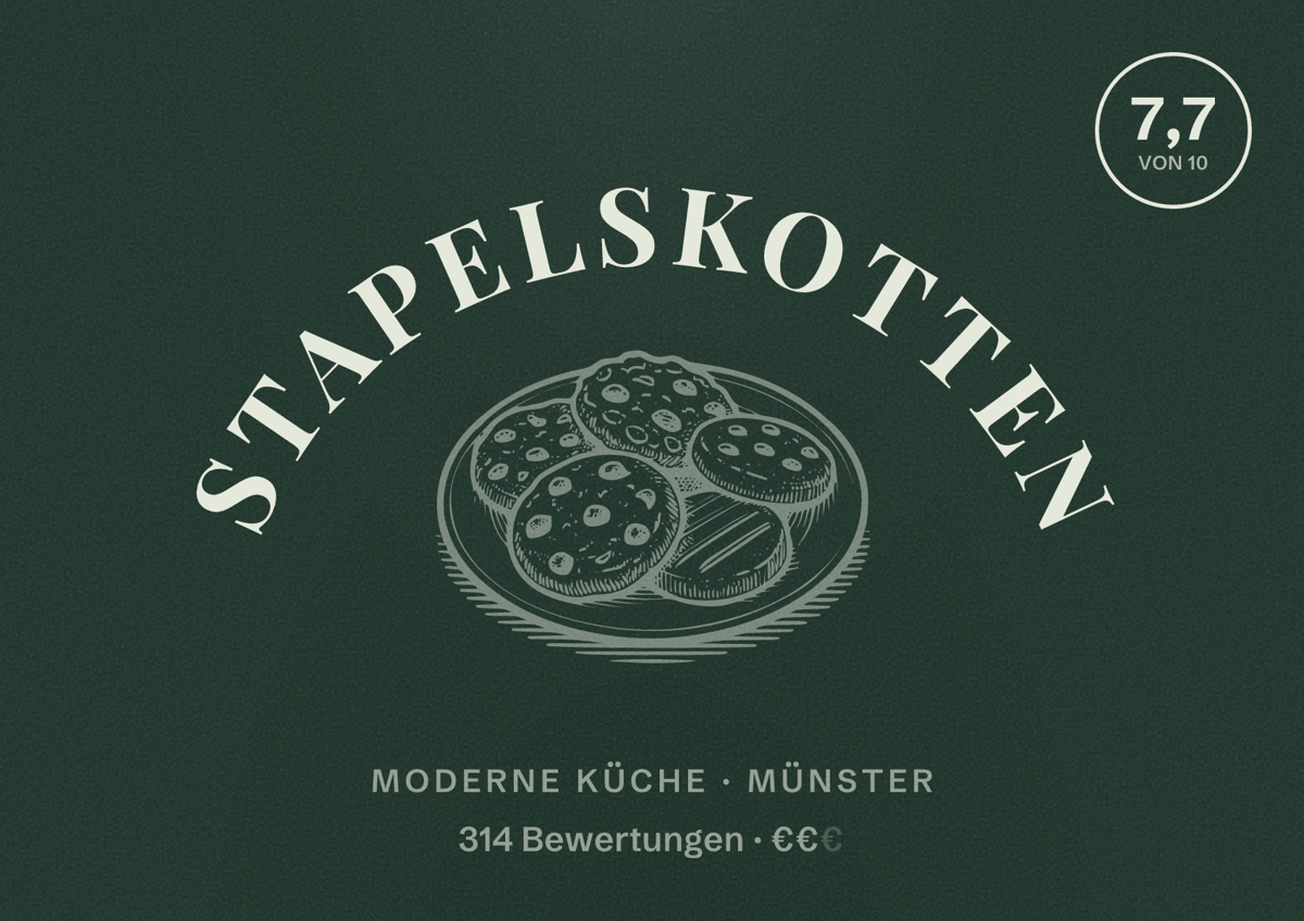 Illustriertes Poster von Stapelskotten, Moderne Küche in Münster: Bewertung 7,7 von 10 aus 314 Bewertungen, Preisniveau €€