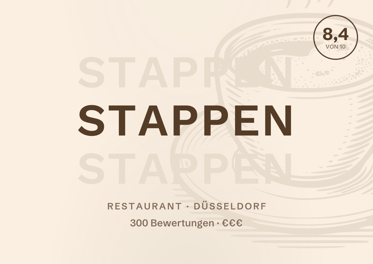 Illustriertes Poster von Stappen, Restaurant in Düsseldorf: Bewertung 8,4 von 10 aus 300 Bewertungen, Preisniveau €€€