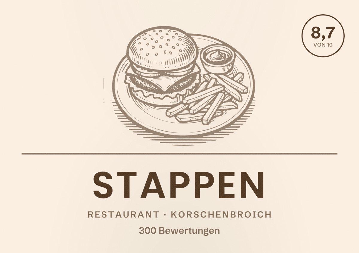 Illustriertes Poster von Stappen, Restaurant in Korschenbroich: Bewertung 8,7 von 10 aus 300 Bewertungen
