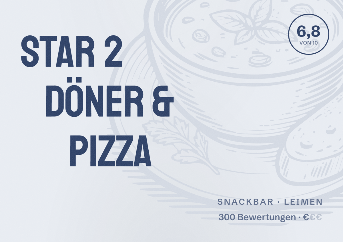 Illustriertes Poster von Star 2 Döner & Pizza, Snackbar in Leimen: Bewertung 6,8 von 10 aus 300 Bewertungen, Preisniveau €
