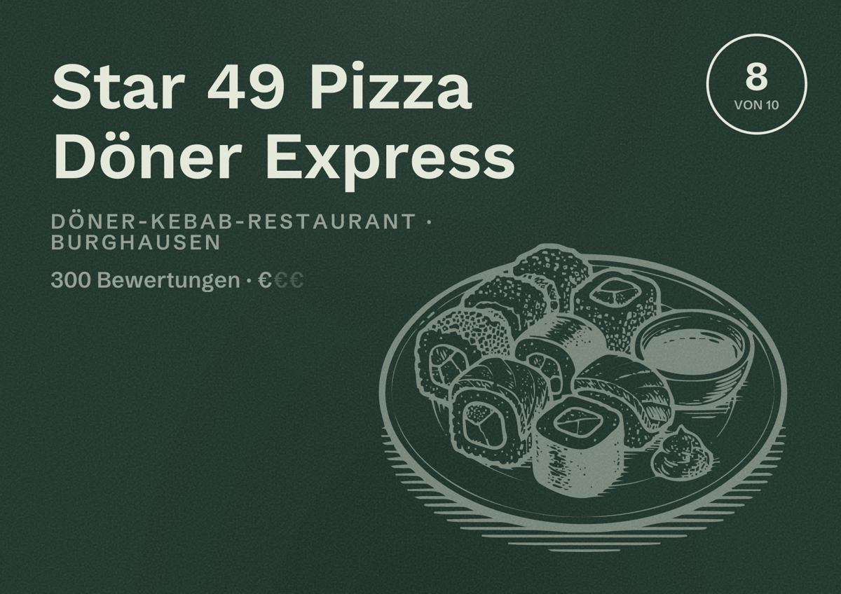 Illustriertes Poster von Star 49 Pizza Döner Express, Döner-Kebab-Restaurant in Burghausen: Bewertung 8 von 10 aus 300 Bewertungen, Preisniveau €