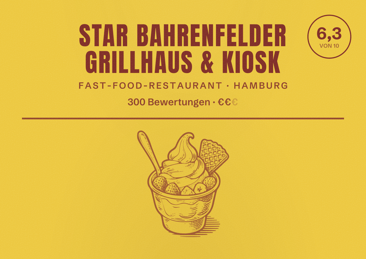 Illustriertes Poster von Star Bahrenfelder Grillhaus & Kiosk, Fast-Food-Restaurant in Hamburg: Bewertung 6,3 von 10 aus 300 Bewertungen, Preisniveau €€