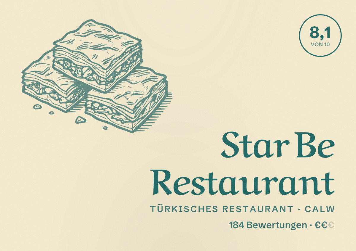 Illustriertes Poster von Star Be Restaurant, Türkisches Restaurant in Calw: Bewertung 8,1 von 10 aus 184 Bewertungen, Preisniveau €€