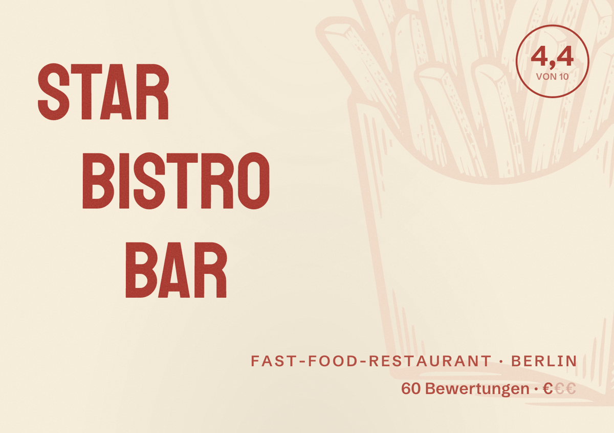 Illustriertes Poster von Star Bistro Bar, Fast-Food-Restaurant in Berlin: Bewertung 4,4 von 10 aus 60 Bewertungen, Preisniveau €