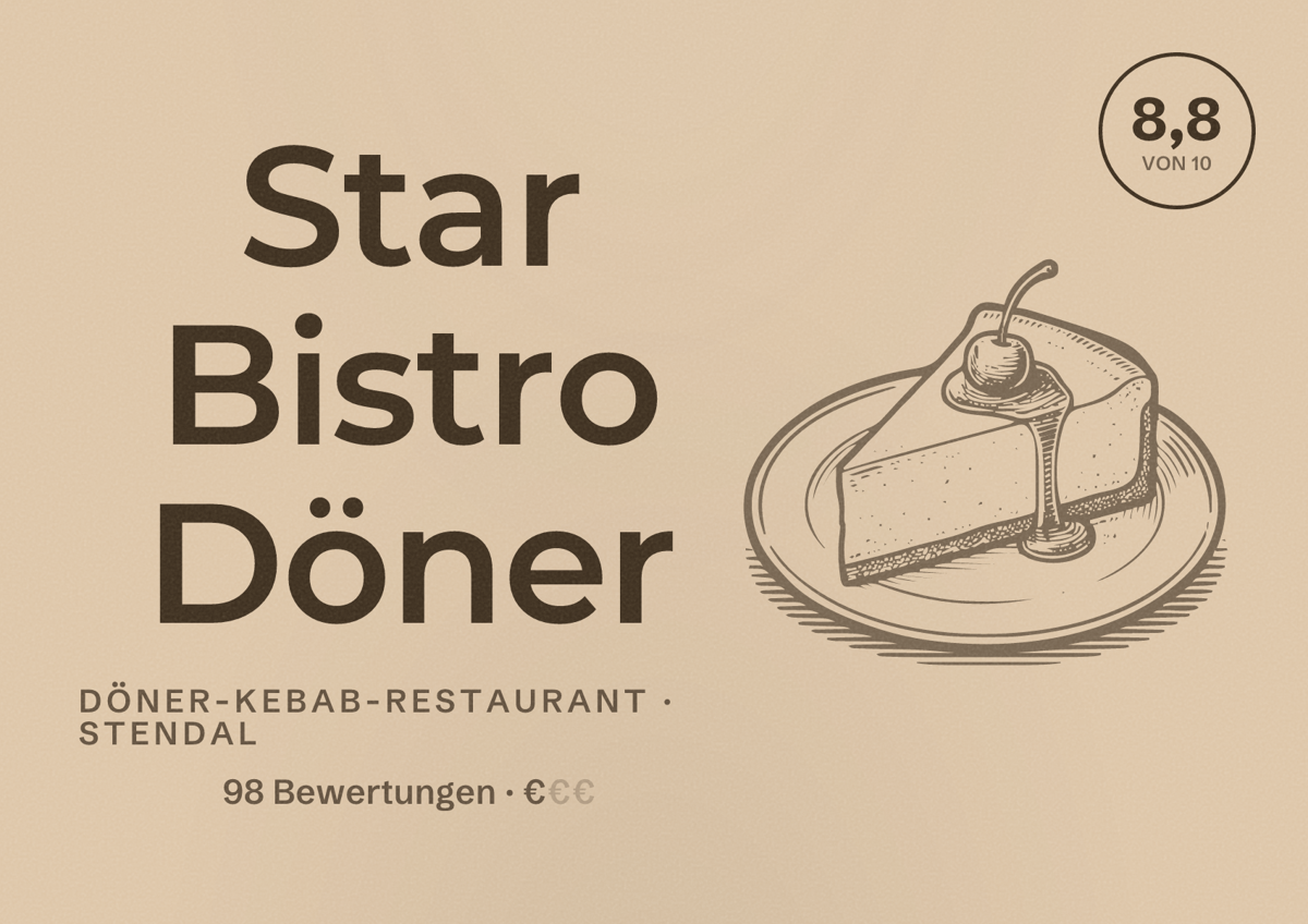 Illustriertes Poster von Star Bistro Döner, Döner-Kebab-Restaurant in Stendal: Bewertung 8,8 von 10 aus 98 Bewertungen, Preisniveau €