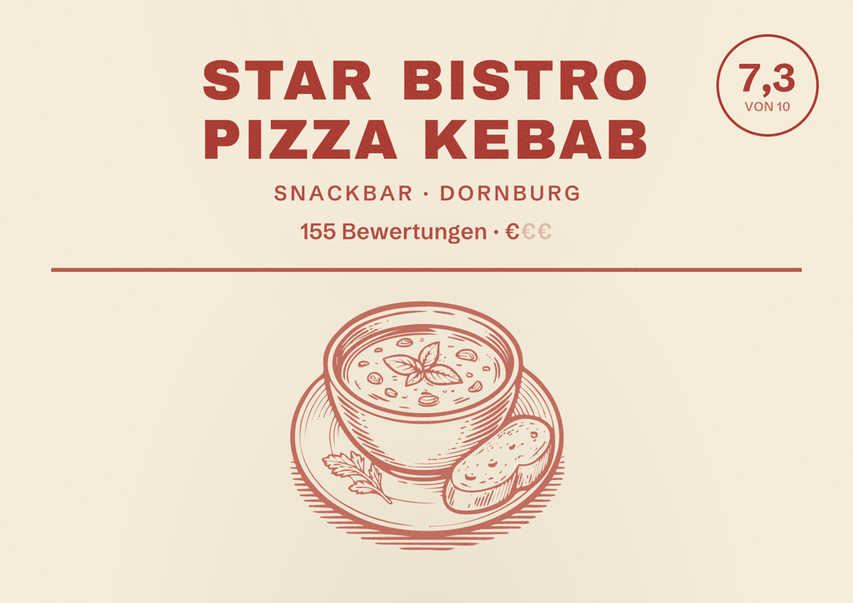 Illustriertes Poster von Star Bistro Pizza Kebab, Snackbar in Dornburg: Bewertung 7,3 von 10 aus 155 Bewertungen, Preisniveau €