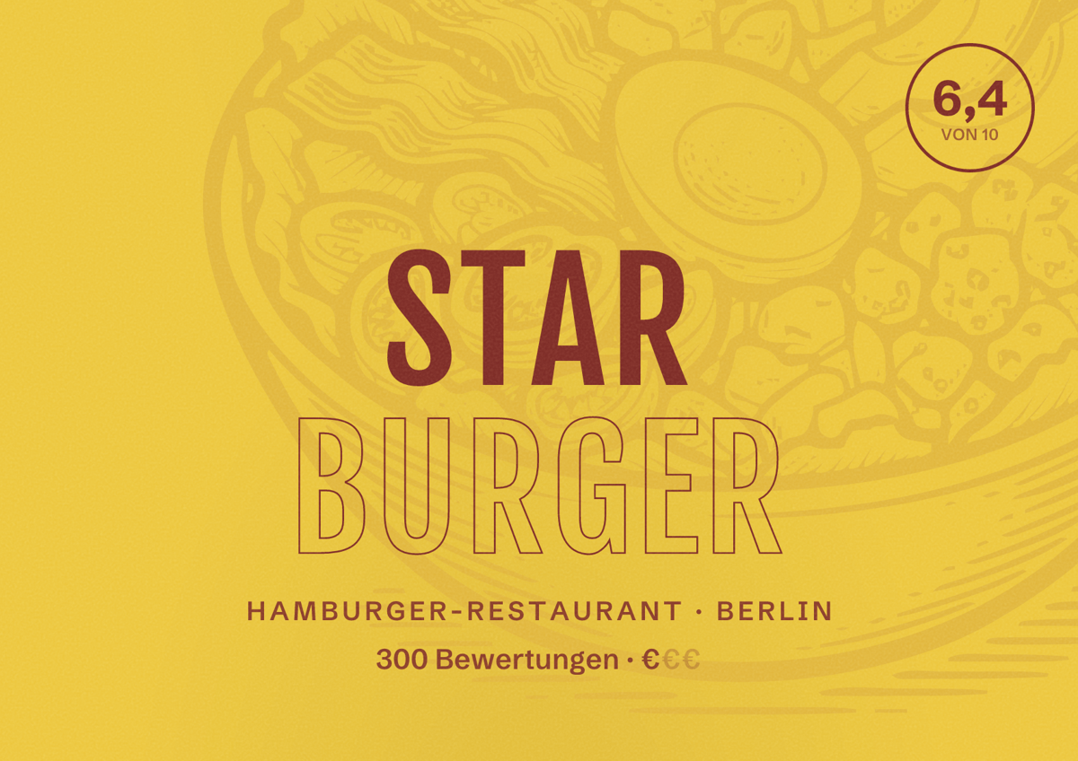 Illustriertes Poster von Star Burger, Hamburger-Restaurant in Berlin: Bewertung 6,4 von 10 aus 300 Bewertungen, Preisniveau €