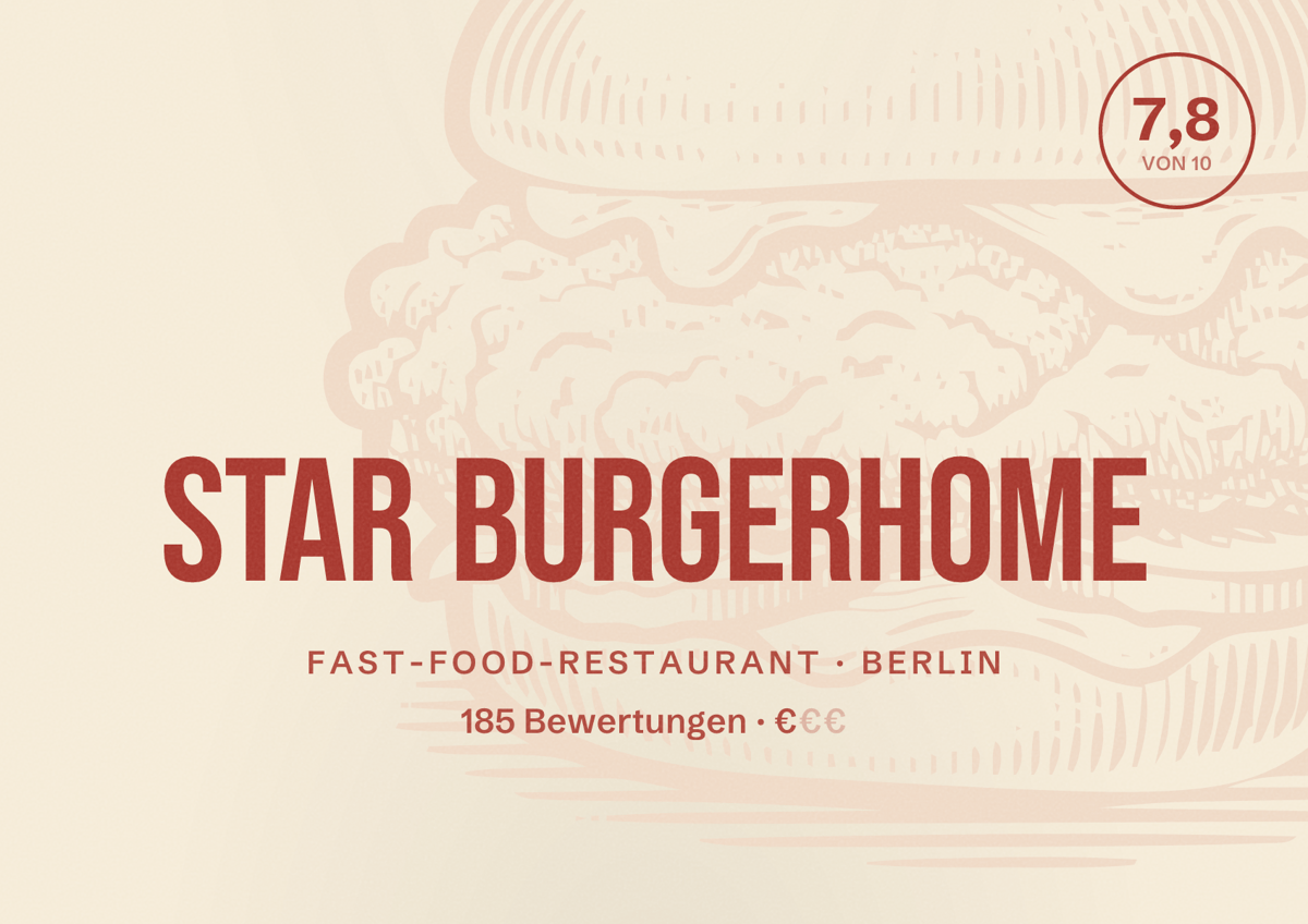 Illustriertes Poster von Star Burgerhome, Fast-Food-Restaurant in Berlin: Bewertung 7,8 von 10 aus 185 Bewertungen, Preisniveau €