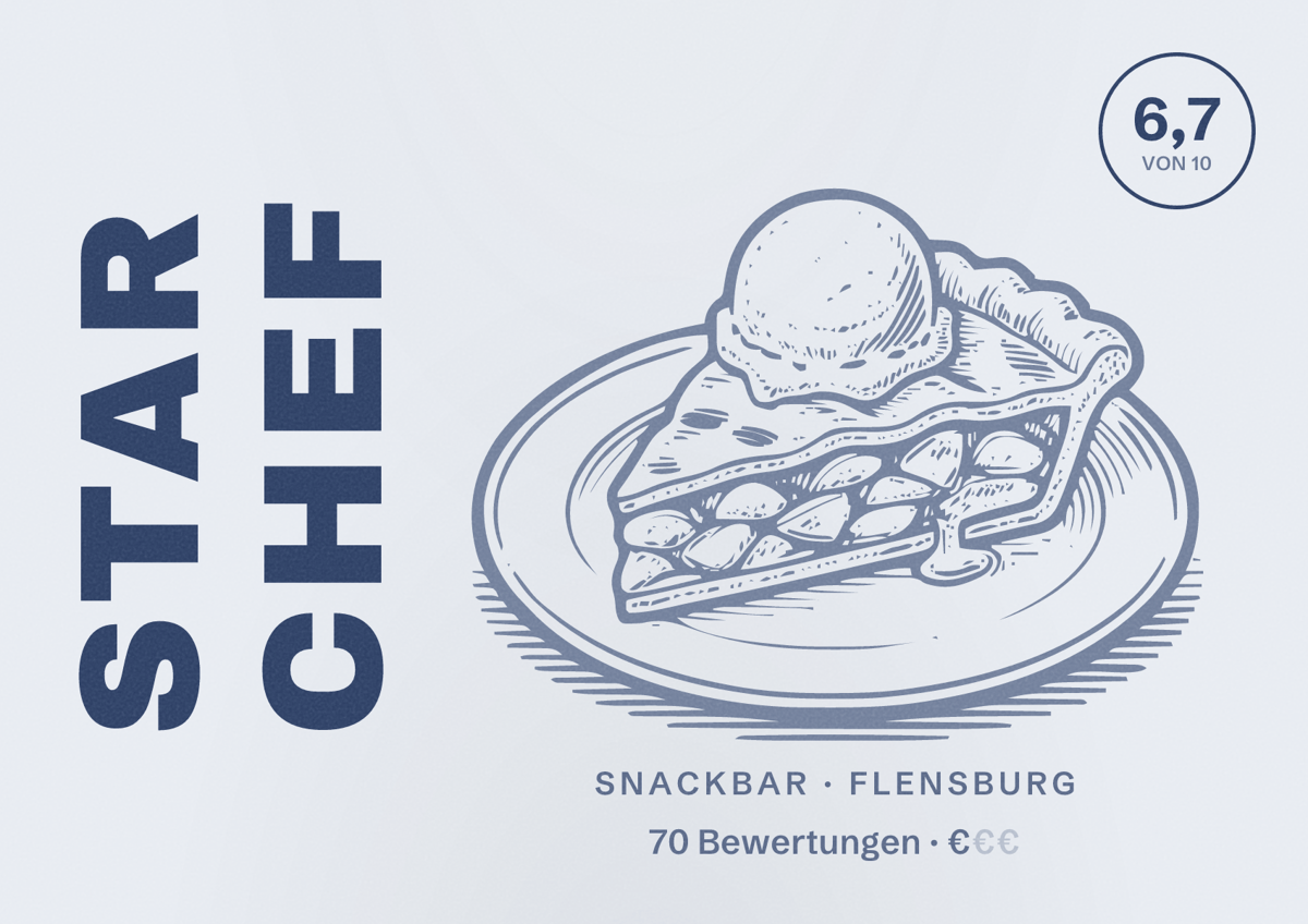 Illustriertes Poster von Star Chef, Snackbar in Flensburg: Bewertung 6,7 von 10 aus 70 Bewertungen, Preisniveau €