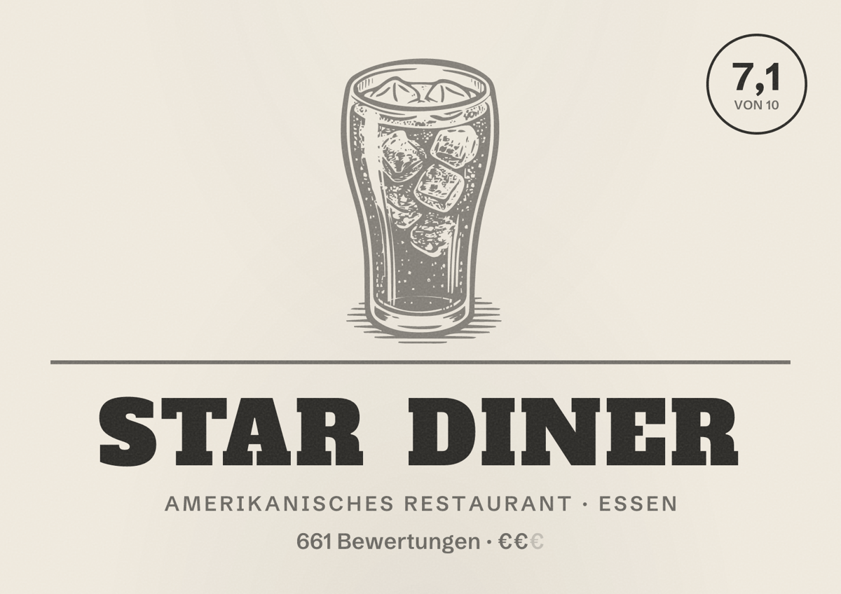 Illustriertes Poster von Star Diner, Amerikanisches Restaurant in Essen: Bewertung 7,1 von 10 aus 661 Bewertungen, Preisniveau €€