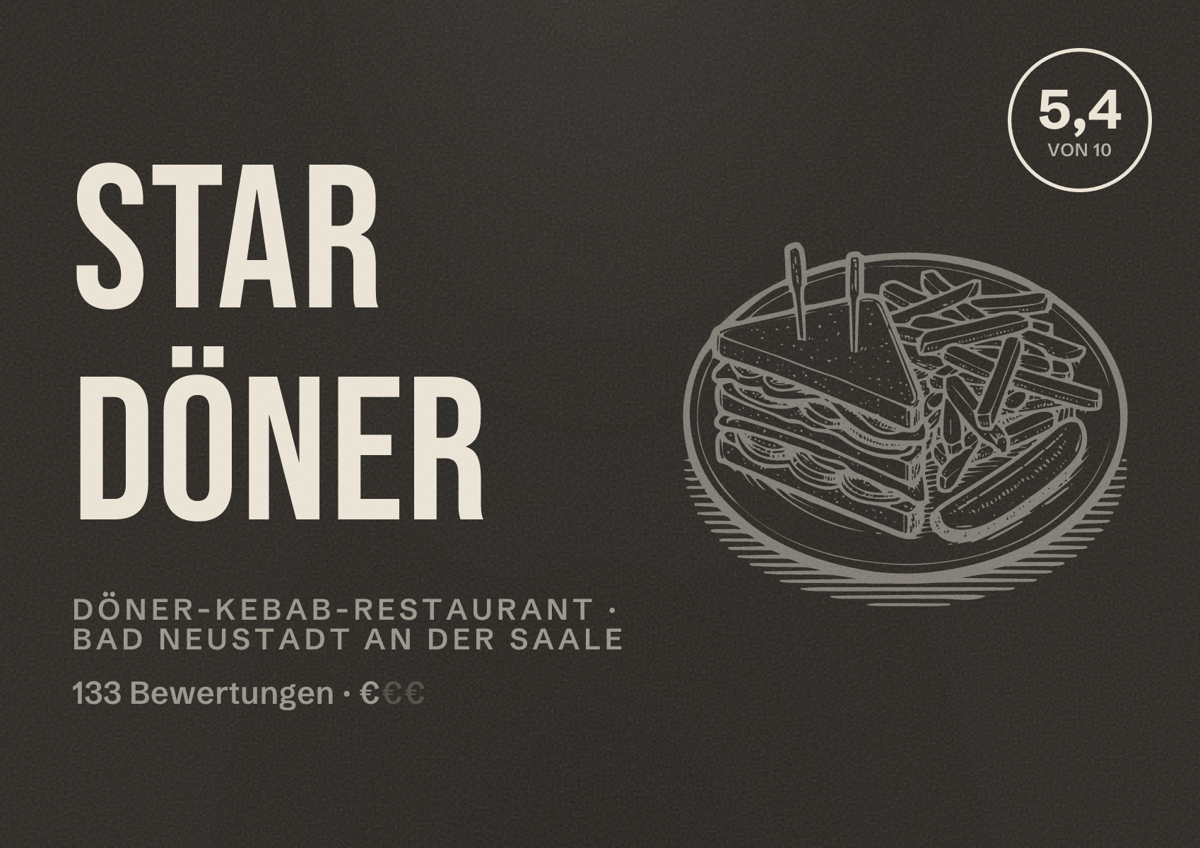 Illustriertes Poster von Star Döner, Döner-Kebab-Restaurant in Bad Neustadt an der Saale: Bewertung 5,4 von 10 aus 133 Bewertungen, Preisniveau €