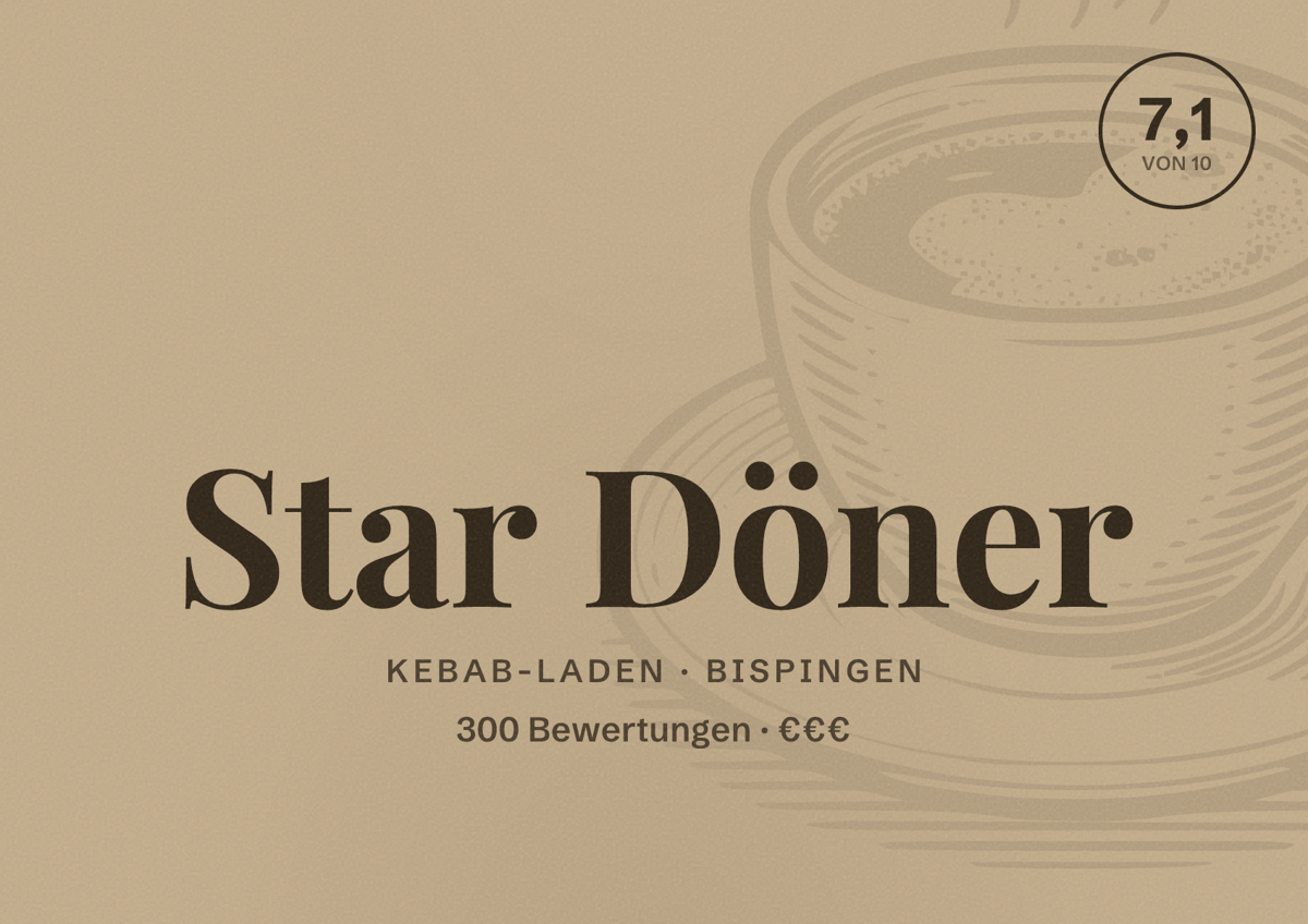 Illustriertes Poster von Star Döner, Kebab-Laden in Bispingen: Bewertung 7,1 von 10 aus 300 Bewertungen, Preisniveau €€€