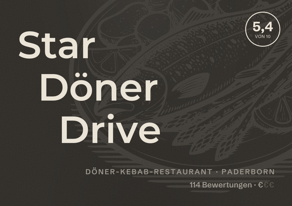 Illustriertes Poster von Star Döner Drive, Döner-Kebab-Restaurant in Paderborn: Bewertung 5,4 von 10 aus 114 Bewertungen, Preisniveau €