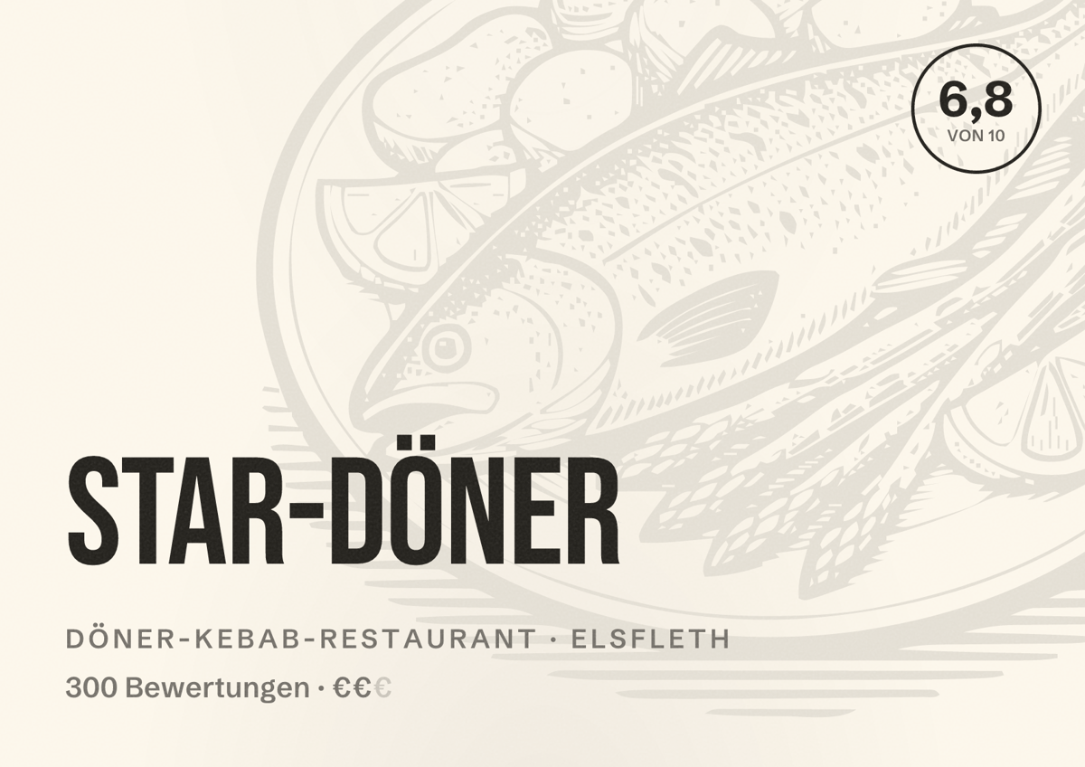 Illustriertes Poster von Star-Döner, Döner-Kebab-Restaurant in Elsfleth: Bewertung 6,8 von 10 aus 300 Bewertungen, Preisniveau €€